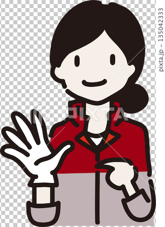 插圖描繪了一位戴著手套、身穿紅色制服的女工,她提醒人們注意自己的穿著。 插圖描繪了一位戴著手套、身穿紅色制服的女工,她提醒人們注意自己的穿著。 135042333