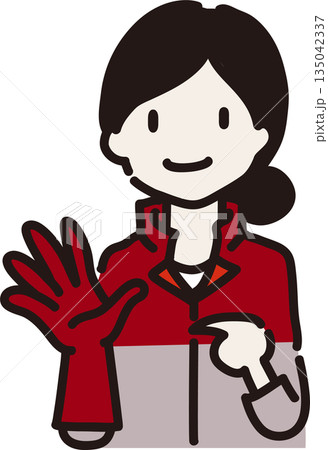 長ゴム手袋を着け身に着けるものを注意喚起する女性作業員のイラスト 赤色の制服 長ゴム手袋を着け身に着けるものを注意喚起する女性作業員のイラスト 赤色の制服 135042337