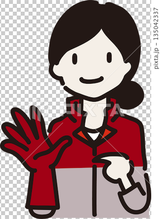 插圖描繪了一位戴著長橡膠手套、身穿紅色制服的女工,她提醒人們注意自己的穿著。 插圖描繪了一位戴著長橡膠手套、身穿紅色制服的女工,她提醒人們注意自己的穿著。 135042337