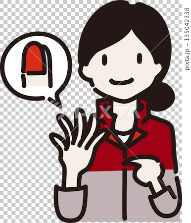 ネイルをして身に着けるものを注意喚起する女性作業員のイラスト 赤色の制服 ネイルをして身に着けるものを注意喚起する女性作業員のイラスト 赤色の制服 135042338