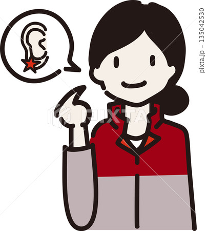ピアスをして身に着けるものを注意喚起する女性作業員のイラスト　赤色の制服 135042530