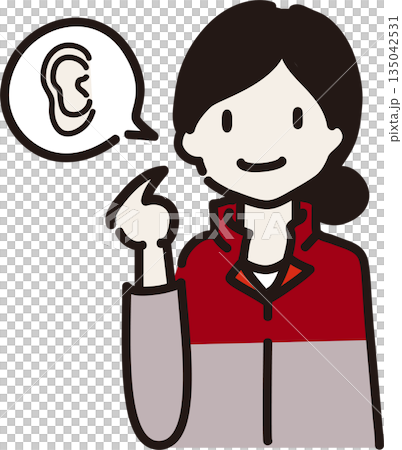 Illustration of a female worker in a red uniform pointing at her ear to warn others about what she is wearing 135042531
