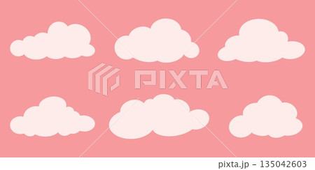 Hand drawn style cloud set showing multiple soft rounded sky clouds in light pastel colors with simple shapes smooth edges and calm visual rhythm creating an airy gentle and minimal scene 135042603