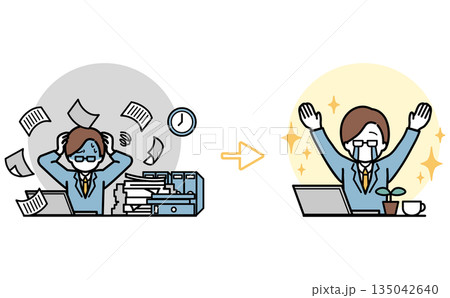 書類に追われて残業するビジネスマンが業務改善でゆとりが生まれるビフォーアフターイラスト 書類に追われて残業するビジネスマンが業務改善でゆとりが生まれるビフォーアフターイラスト 135042640