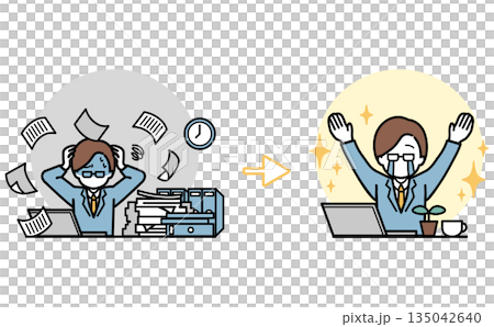 圖示一位商人因文書工作而加班加點，如今由於工作方式的改進，他有了更多放鬆時間。圖中展示了工作方式改進前後的對比。 135042640