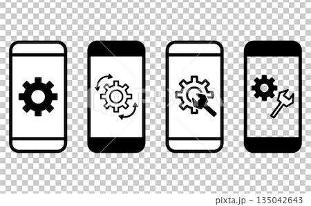 Simple black and white icon set representing smartphone settings and system management 135042643