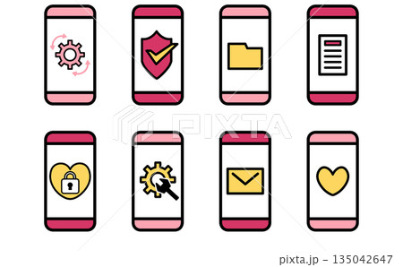スマートフォンの認証とロックとセキュリティと設定とシステム管理を表すシンプルなベクターアイコンセット スマートフォンの認証とロックとセキュリティと設定とシステム管理を表すシンプルなベクターアイコンセット 135042647