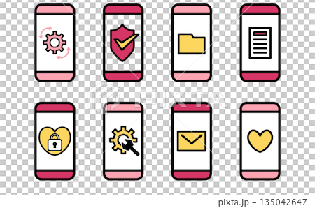 スマートフォンの認証とロックとセキュリティと設定とシステム管理を表すシンプルなベクターアイコンセット スマートフォンの認証とロックとセキュリティと設定とシステム管理を表すシンプルなベクターアイコンセット 135042647