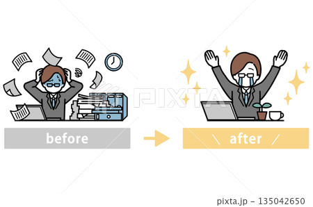 クラウド導入で業務改善するビジネスマンのビフォーアフターイラスト 135042650