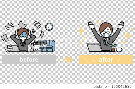 クラウド導入で業務改善するビジネスマンのビフォーアフターイラスト 135042650