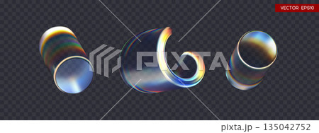 Set of 3d transparent iridescent glossy twist round shapes and cylinders with dispersion effect. Rainbow colors reflection glass. Vector illustration. Set of 3d transparent iridescent glossy twist round shapes and cylinders with dispersion effect. Rainbow colors reflection glass. Vector illustration. 135042752