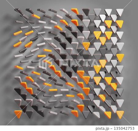 Abstract random triangle pattern. 3D painting in square frame, graphic design. Triangular shapes in yellow, orange, silver, gray, black colors and glossy texture on grey background. 3D illustration Abstract random triangle pattern. 3D painting in square frame, graphic design. Triangular shapes in yellow, orange, silver, gray, black colors and glossy texture on grey background. 3D illustration 135042753