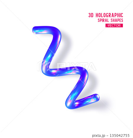 3d holographic abstract spiral shape. Glossy geometric blue primitive with shadow on white background. Iridescent trendy design, thin film effect. Vector. 3d holographic abstract spiral shape. Glossy geometric blue primitive with shadow on white background. Iridescent trendy design, thin film effect. Vector. 135042755