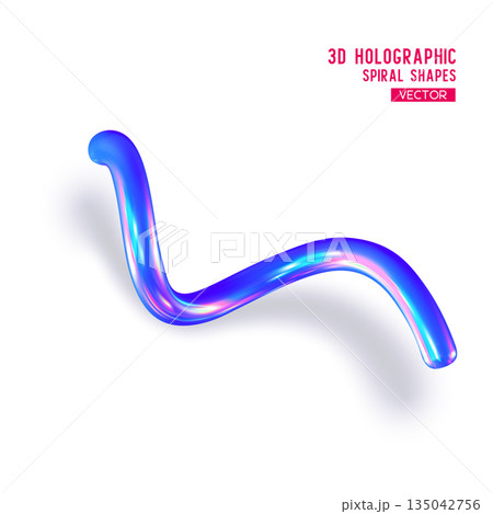 3d holographic abstract spiral shape. Glossy geometric blue primitive with shadow on white background. Iridescent trendy design, thin film effect. Vector. 3d holographic abstract spiral shape. Glossy geometric blue primitive with shadow on white background. Iridescent trendy design, thin film effect. Vector. 135042756