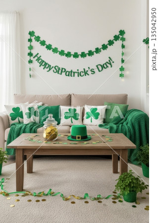 A living room decorated for St. Patrick’s Day displays shamrock garlands, themed pillows, and green table accents. The sofa and coffee table arrangement create a cheerful and festive environment 135042950