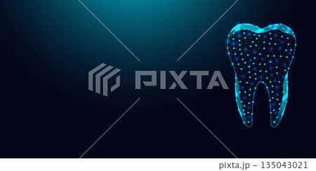 Low poly wireframe human tooth on dark blue background. 135043021