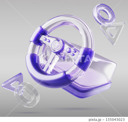 3d transparent purple racing wheel, glass holographic game controller simulator car with flying gamepad button symbols on grey render background. Driving gaming steering wheel. 3D illustration 135043023