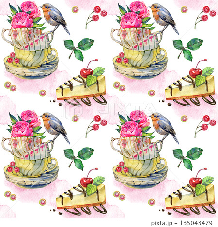 Seamless watercolor pattern with vintage teacups, blooming roses, small bird, berries and dessert. Romantic hand painted design for wrapping paper, stationery, textiles, invitations and surface design 135043479