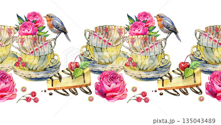 Hand painted watercolor seamless border in a summer cottagecore style featuring vintage teacups with blooming pink roses, small songbird, berries and dessert. Perfect for romantic designs, stationery Hand painted watercolor seamless border in a summer cottagecore style featuring vintage teacups with blooming pink roses, small songbird, berries and dessert. Perfect for romantic designs, stationery 135043489
