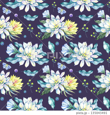 Seamless watercolor floral pattern with moon flowers, leaves and delicate mystical details. Hand painted botanical illustration for textile design, wallpaper, wrapping paper, branding, stationery Seamless watercolor floral pattern with moon flowers, leaves and delicate mystical details. Hand painted botanical illustration for textile design, wallpaper, wrapping paper, branding, stationery 135043491