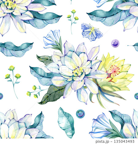 Seamless watercolor floral pattern with moon flowers, leaves and delicate mystical details. Hand painted botanical illustration for textile design, wallpaper, wrapping paper, branding, stationery 135043493