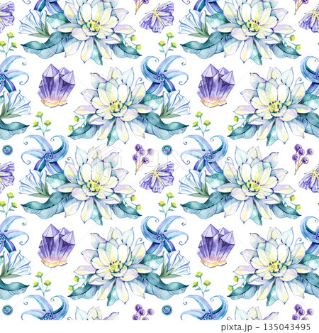 Atmospheric watercolor illustration with moon flowers, crystals, leaves and nocturnal butterflies. Enchanted botanical pattern inspired by lunar magic, astrology and night gardens, ideal for mystical Atmospheric watercolor illustration with moon flowers, crystals, leaves and nocturnal butterflies. Enchanted botanical pattern inspired by lunar magic, astrology and night gardens, ideal for mystical 135043495
