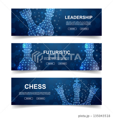 Futuristic chess banners with glowing polygonal pieces, modern digital strategy and leadership concept for technology and innovation 135043518