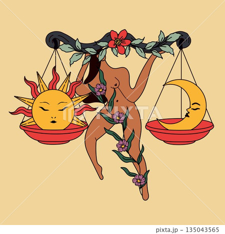 Feminine Symbolism of Sun, Moon, and Scales with Floral Details 135043565