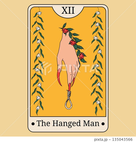 The Hanged Man Tarot Card with Floral Details and Red Nails The Hanged Man Tarot Card with Floral Details and Red Nails 135043566