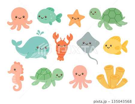 Ocean animal set. Sea creatures and plants for kids art and marine-themed decor Ocean animal set. Sea creatures and plants for kids art and marine-themed decor 135043568