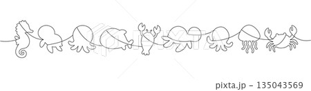 One line minimalist ocean animals silhouettes of seahorse, fish, crab, jellyfish, turtle, and other in contour style One line minimalist ocean animals silhouettes of seahorse, fish, crab, jellyfish, turtle, and other in contour style 135043569