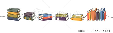 Stacked colorful books in cozy flat style. Collection of various reading and study objects Stacked colorful books in cozy flat style. Collection of various reading and study objects 135043584