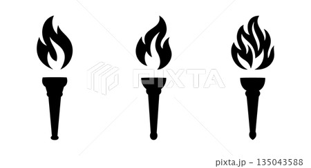 Set of three black torch icons. Flat vector flame illustration symbolizing ceremony, freedom, protest, liberty and unity Set of three black torch icons. Flat vector flame illustration symbolizing ceremony, freedom, protest, liberty and unity 135043588
