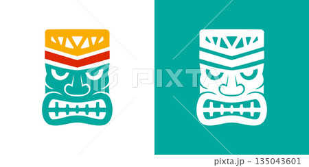 Tiki mask with geometric crown ornaments. Polynesian tribal style vector illustration for tattoos, festival posters and decor projects 135043601