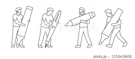 Group of men with oversized pens and markers. Minimalist line vector illustration of male characters holding large writing tools Group of men with oversized pens and markers. Minimalist line vector illustration of male characters holding large writing tools 135043608