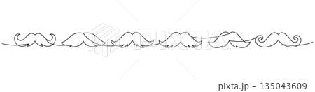 Set of moustache continuous line illustration. Minimal one line art whisker collection for retro hipster posters, barbershop logos and stylish design. Set of moustache continuous line illustration. Minimal one line art whisker collection for retro hipster posters, barbershop logos and stylish design. 135043609
