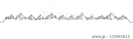 Mountain ridge outline vector. Long continuous line art of jagged peaks for trekking, hiking, outdoor adventure and alpine travel branding 135043613