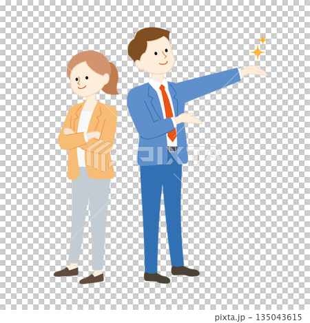 背中合わせに立つスーツの男女　笑顔で腕組みするチームワークと成功のビジネスイメージイラスト 135043615