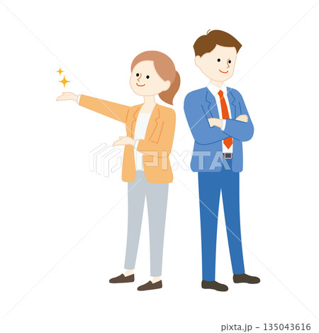 背中合わせに立つスーツの男女　笑顔で腕組みするチームワークと成功のビジネスイメージイラスト 135043616