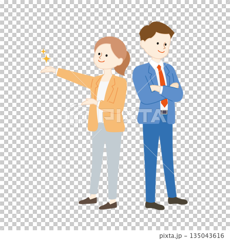 背中合わせに立つスーツの男女　笑顔で腕組みするチームワークと成功のビジネスイメージイラスト 135043616
