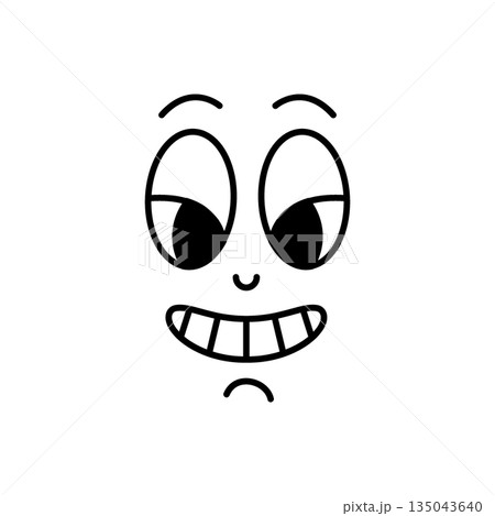 Cartoon face with quirky eyes looking sideways and crooked smile. Funny retro vector emoticon for comic designs. 135043640