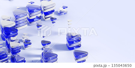 Abstract 3d background with blue glass and silver metal triangle stacks, floating arrow shapes. Geometric crystal and chrome figures, motion graphic array. Futuristic tech banner. 3D illustration Abstract 3d background with blue glass and silver metal triangle stacks, floating arrow shapes. Geometric crystal and chrome figures, motion graphic array. Futuristic tech banner. 3D illustration 135043650