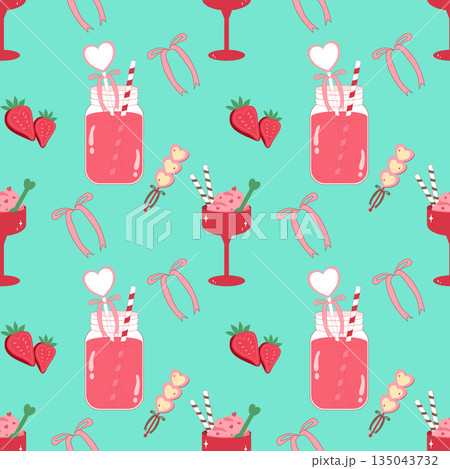 Valentine's Day seamless pattern with strawberry juice jars and pink desserts Valentine's Day seamless pattern with strawberry juice jars and pink desserts 135043732