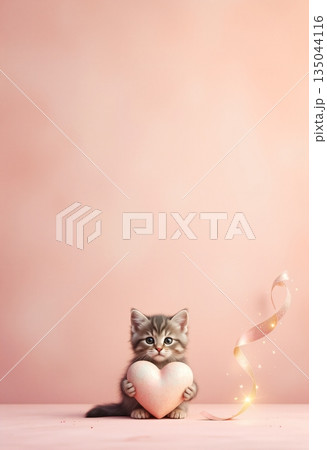Tender cat holding heart on dreamy pink background 135044116