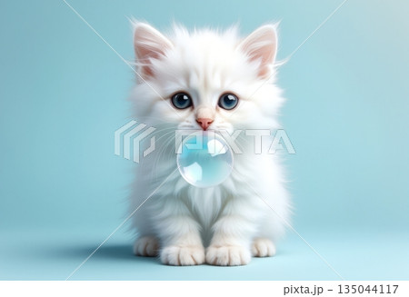 Cute white kitten blowing bubble on pastel blue background 135044117