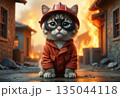 Brave firefighter cat character in emergency fire scene 135044118
