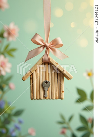 Romantic home ownership concept with miniature house and spring flowers 135044121