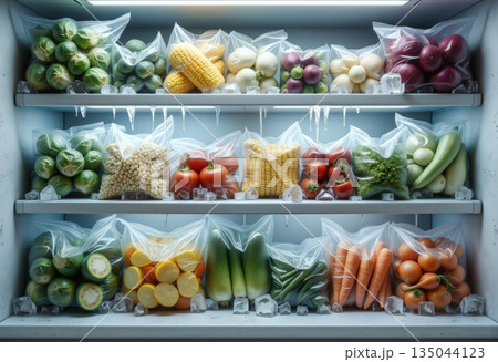 Frozen vegetables stored in freezer shelves for winter food preservation 135044123