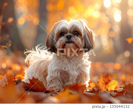 落ち葉の森に立つシーズー犬の秋風景 落ち葉の森に立つシーズー犬の秋風景 135044132