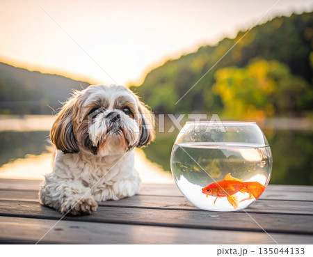 湖畔で金魚鉢を見つめるシーズー犬の情景 135044133